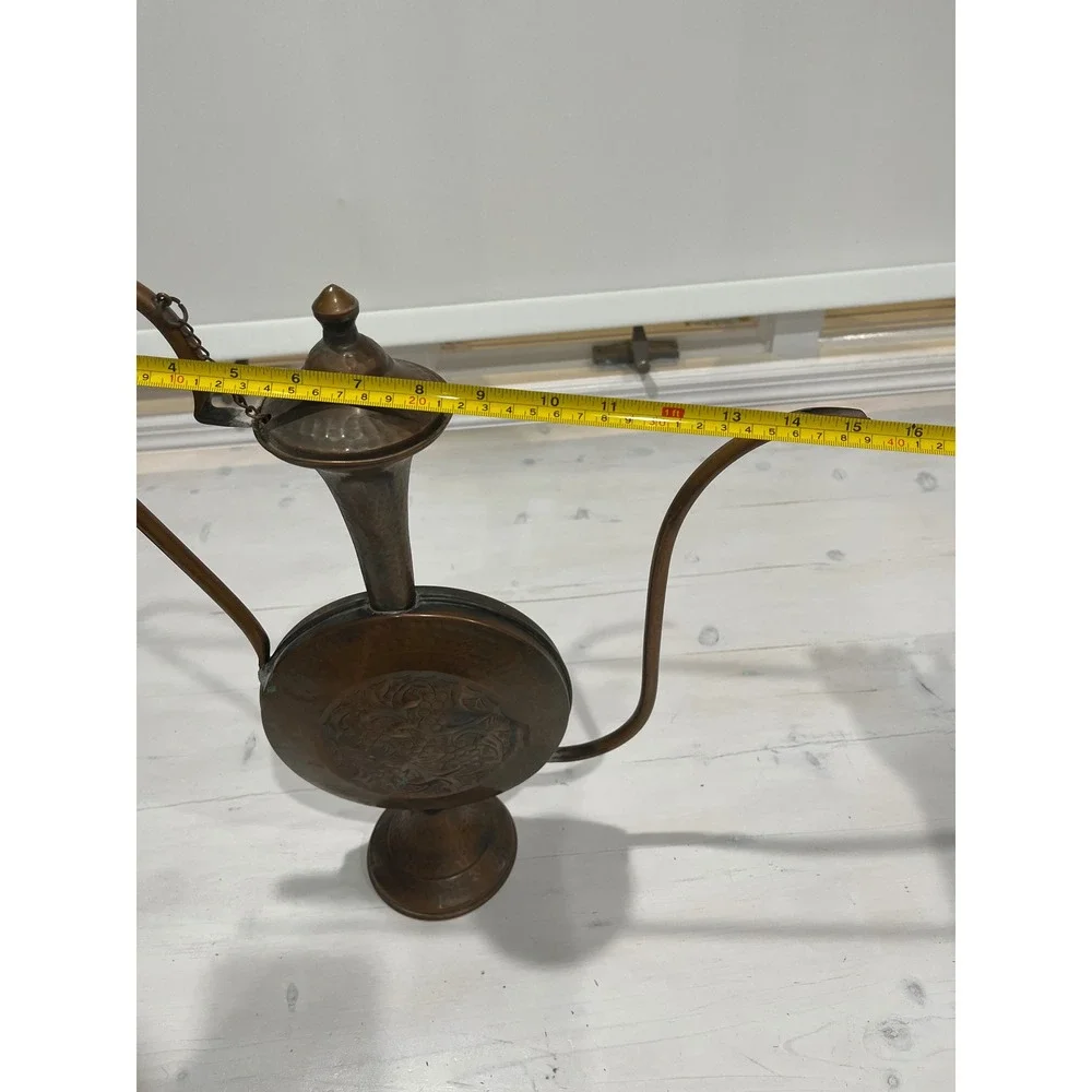 Vintage Copper Metal Water Pitcher‎ Ewer Embossed Figural Scene Spout Handle